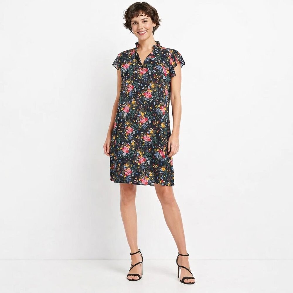 Madewell No.6 Black Floral Size 12 Silk Shift Dress Short Sleeve Lightweight
